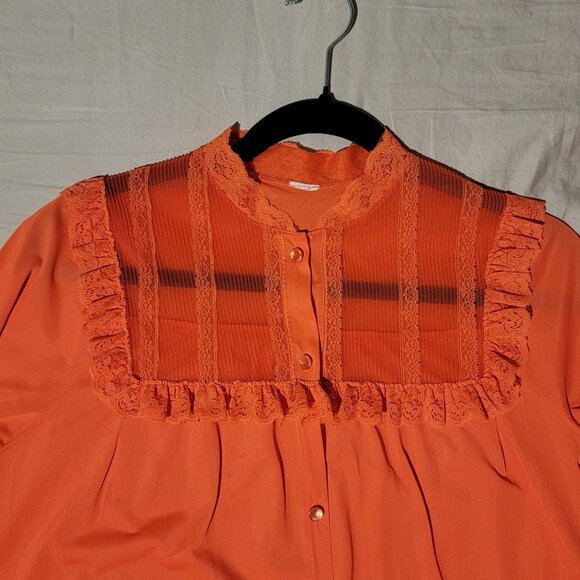 Vintage Nightgown Womens Small 60s Coral Chiffon Lacy Ruffle Trimmed Yoke Retro - Picture 4 of 8